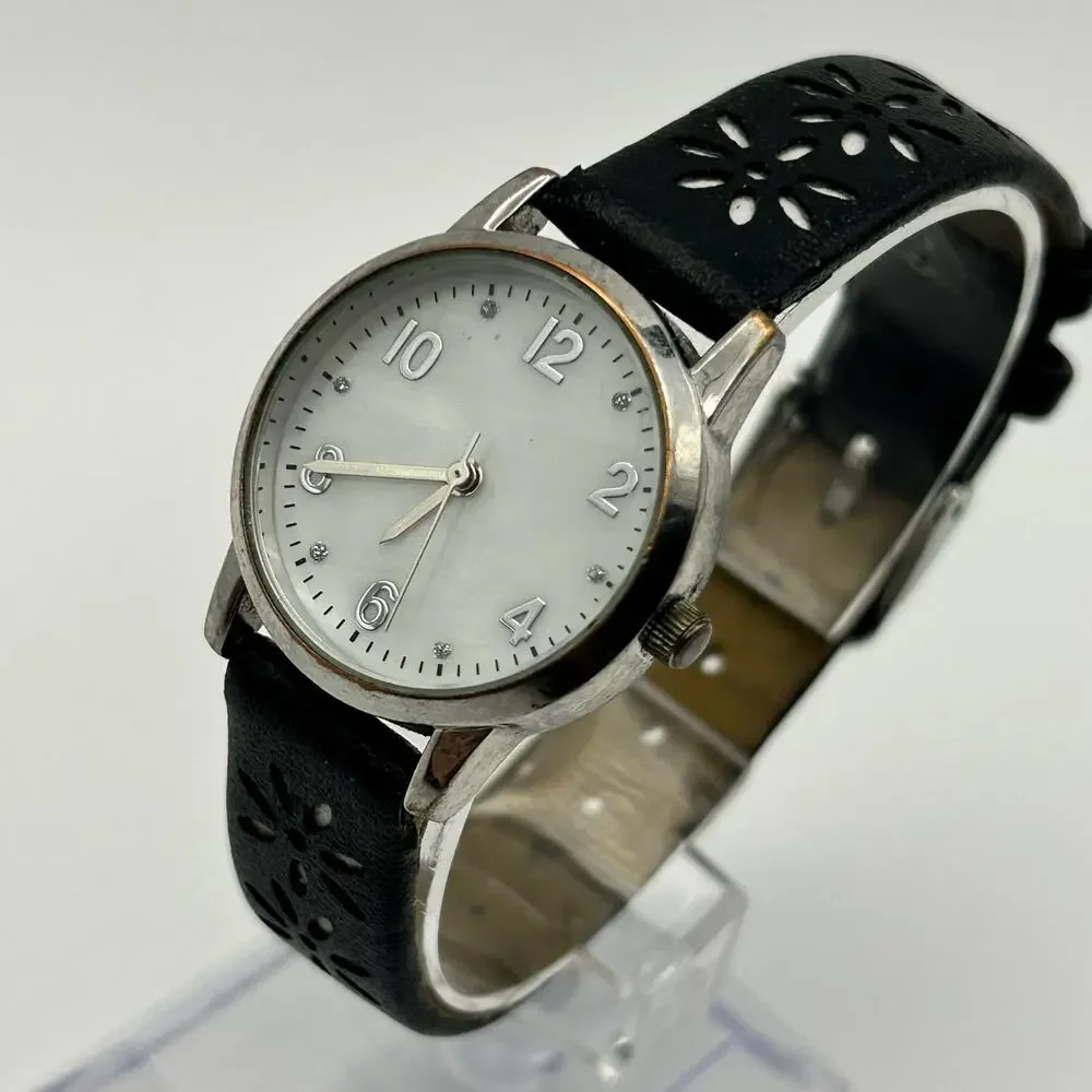 Women’s Mother Pearl Dial Black Leather Women’s Watch Working New Battery